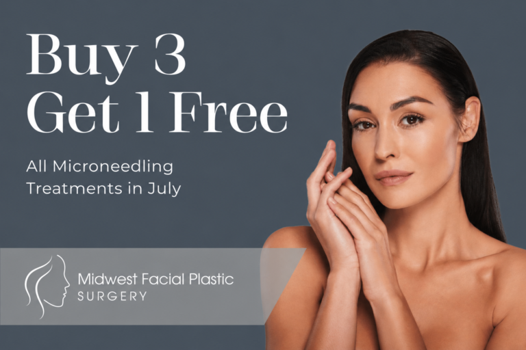 Promotional graphic for Midwest Facial Plastic Surgery's July Buy 3, Get 1 Free microneedling special featuring a woman with clear, healthy-looking skin.
